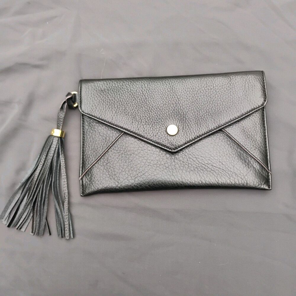 Isaac Mizrahi Black Pebbled Leather Envelope Flap Clutch Wallet Large Tassel